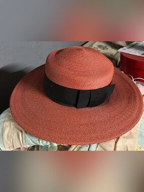 Wide-Brim Straw Sun Hat with Black Band — Coral